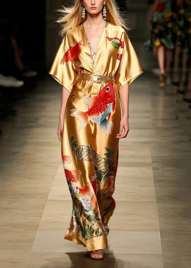 Golden Koi Fish Print Silk Tunic Dress Summer