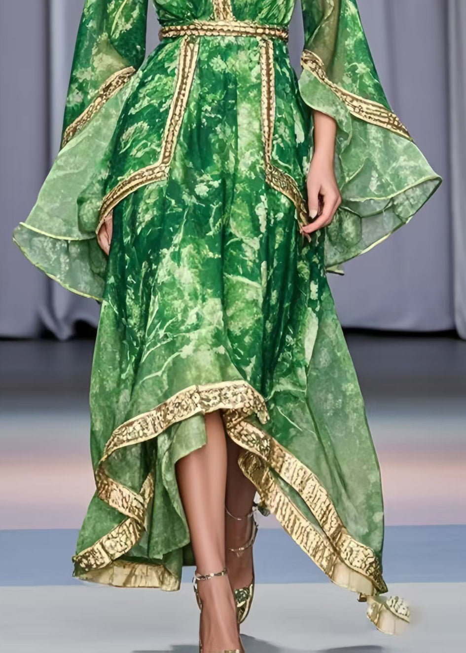 Grass Green Asymmetrical Design Chiffon Holiday Dress Flare Sleeve