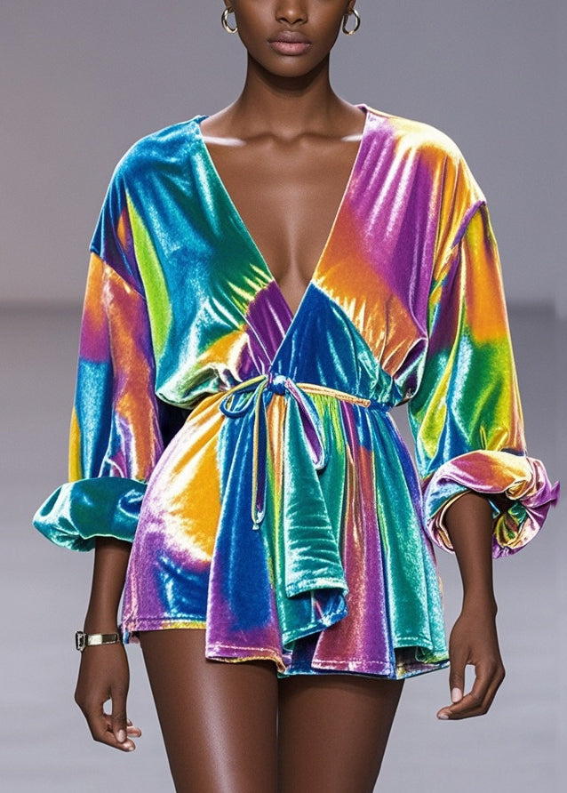 Rainbow Tie Waist Tie Dye Silk Velour Shirt Fall