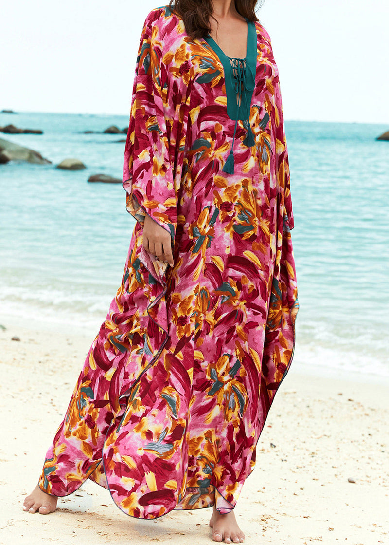 V Neck Print Lace Up Cotton Long Dresses Summer
