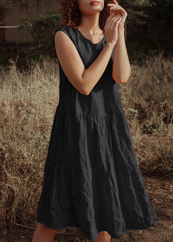 Pink O Neck Wrinkled Patchwork Linen Dress Sleeveless