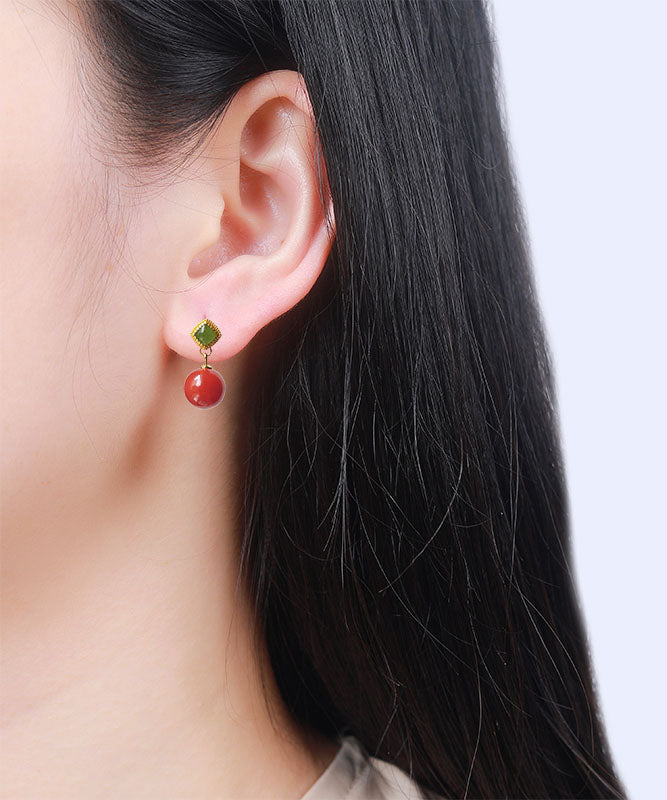 Red Sterling Silver Overgild Inlaid Agate Drop Earrings