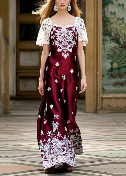 Fine Mulberry Square Collar Patchwork Print Silk Ankle Dress Summer