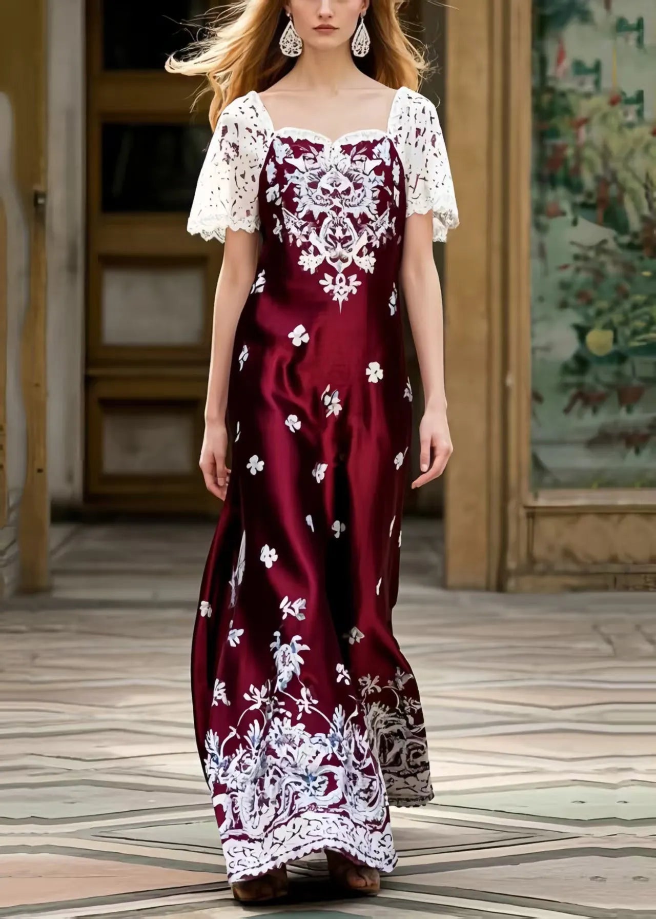 Fine Mulberry Square Collar Patchwork Print Silk Ankle Dress Summer