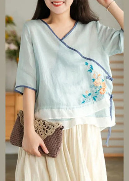 Style Yellow Embroidered Asymmetrical Design Ramie Summer Blouses