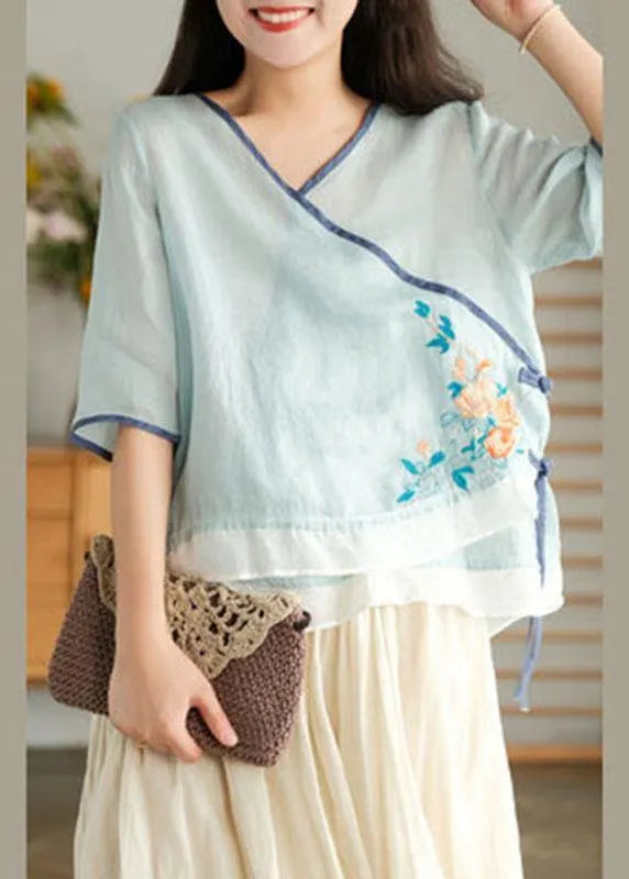 Style Yellow Embroidered Asymmetrical Design Ramie Summer Blouses