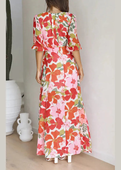 Stylish Red V Neck Print Side Open Cotton Dress Summer
