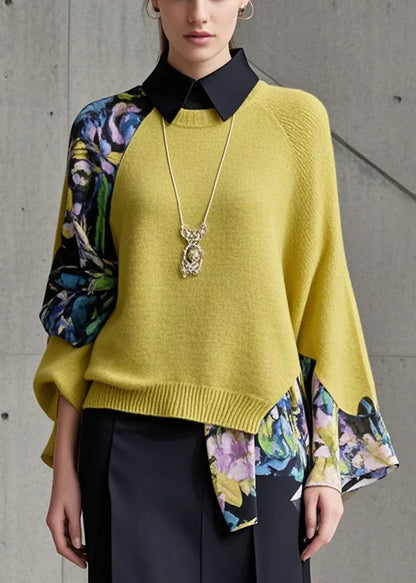 Yellow Asymmetrical Patchwork Fake Two Piece Knit Shirts Fall