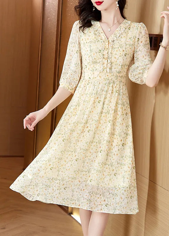 Light Yellow V Neck Print Chiffon Dresses Summer