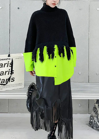 Black Green Hign Neck Asymmetrical Patchwork Knit Sweaters Fall