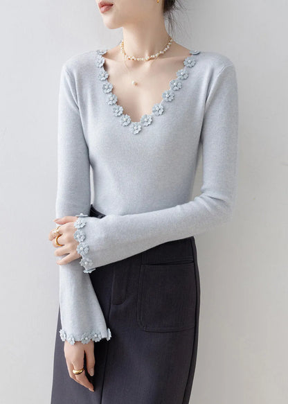 Italian Light Blue V Neck Knit Sweater Flare Sleeve