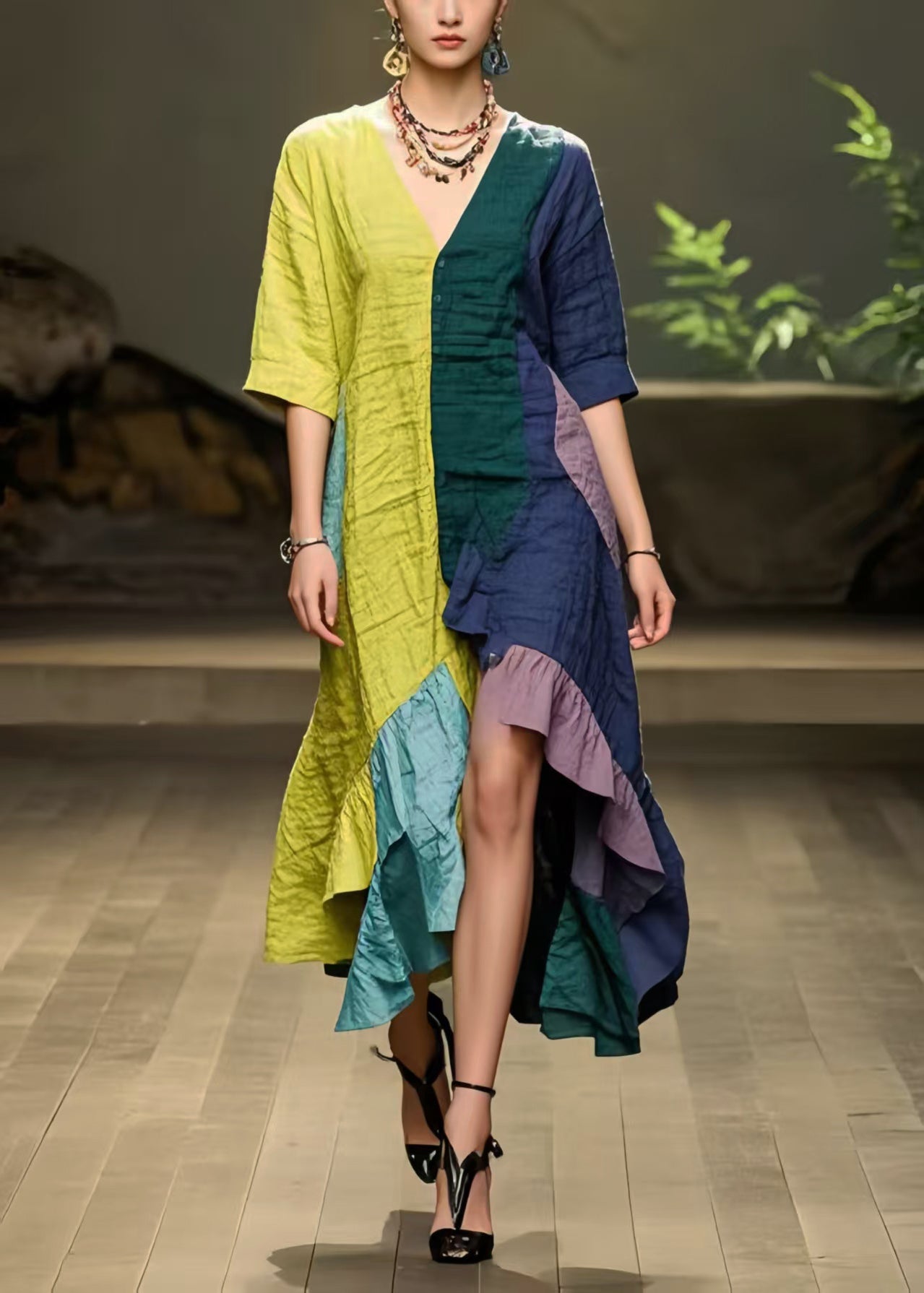 New Retro Asymmetrical Patchwork Ruffles Cotton Dress Summer