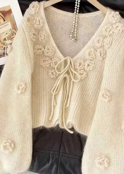 Beige V Neck Lace Up Cozy Knit Cardigan