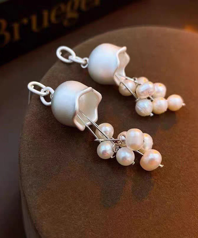 White Sterling Silver Pearl Lily of the Valley Tassel Drop Earrings