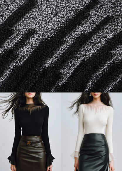 Black O-neck Tulle Patchwork Knitting Cotton Tops Fall