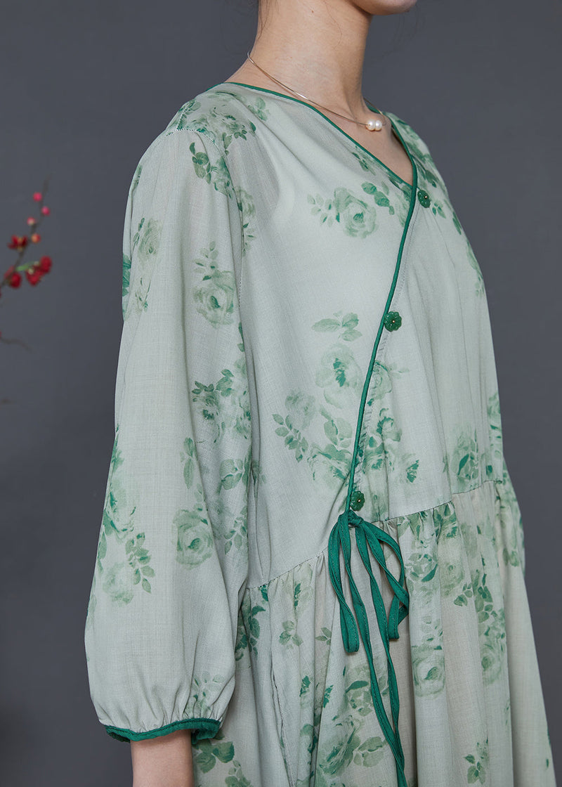 Green Print Linen Oriental Dresses Bracelet Sleeve
