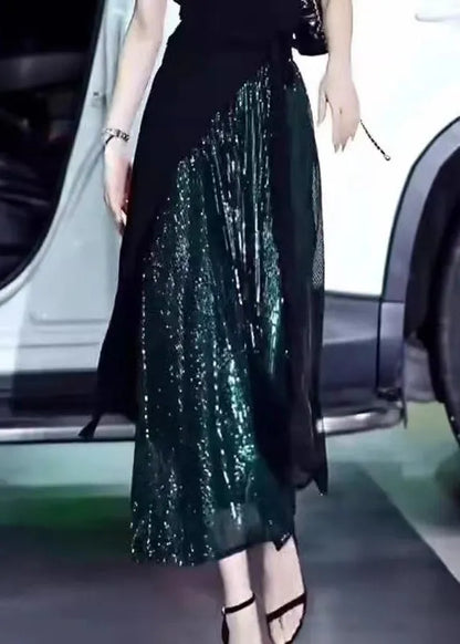 Green Sequins High Waist Silk Skirt Summer