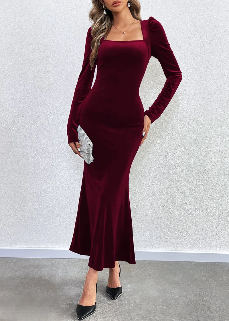 Mulberry Square Collar Backless Velvet Dresses Fall