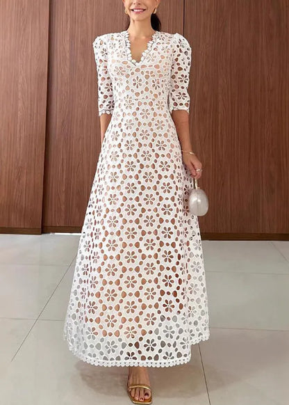 New White V Neck Hollow Out Lace Long Dresses Summer