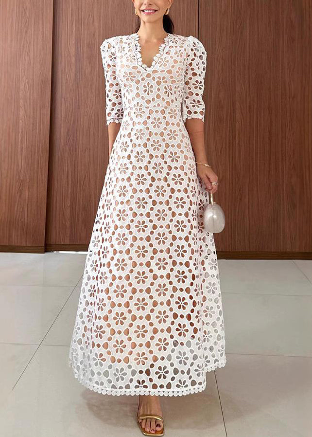 New White V Neck Hollow Out Lace Long Dresses Summer