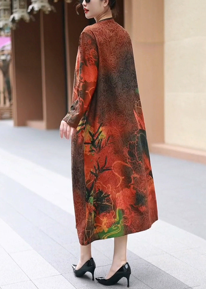 Red O Neck Print Cotton Long Dress Fall