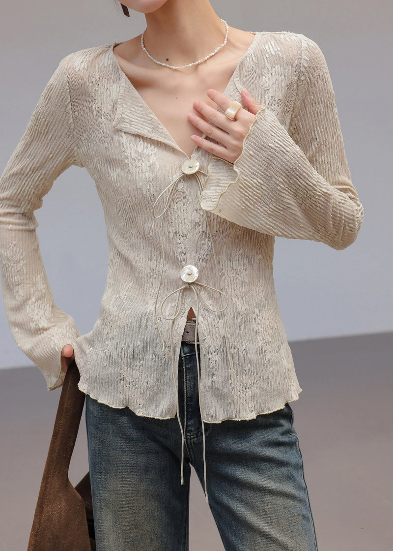 French White V Neck Embroidered Spandex Top Spring