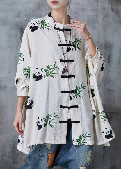 White Oversized Print Cotton Blouse Top Fall