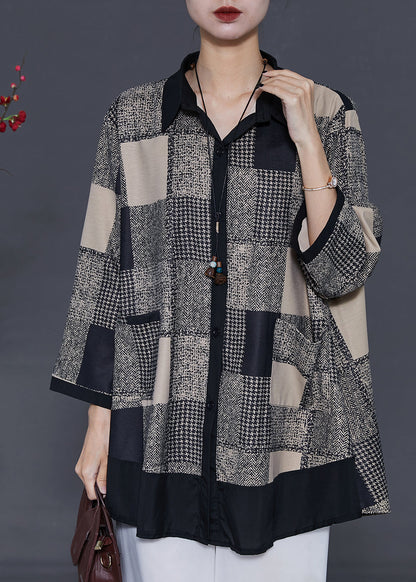Khaki Plaid Patchwork Chiffon Shirts Spring