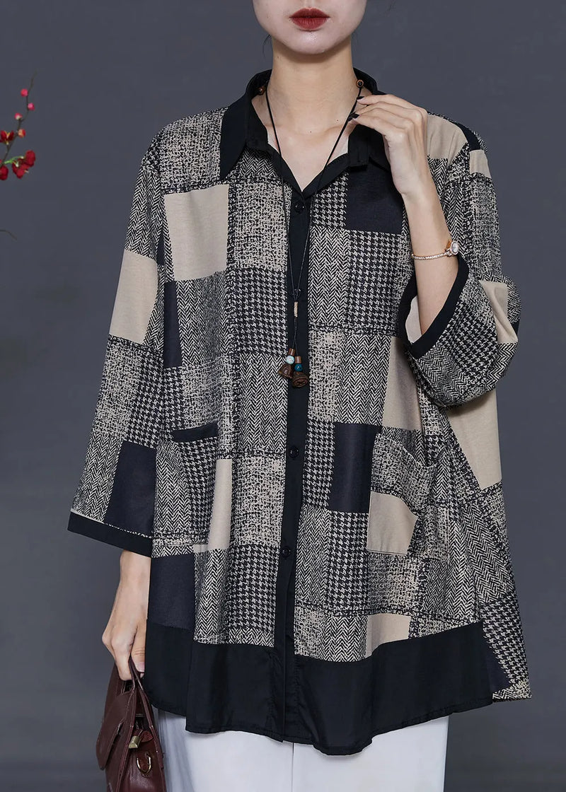 Khaki Plaid Patchwork Chiffon Shirts Spring