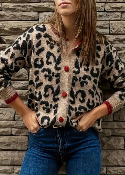 Style Leopard O Neck Button Knit Loose Coat Fall