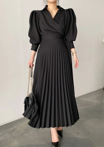 New Beige Puff Sleeve Peter Pan Collar Wrinkled Cotton Long Dress