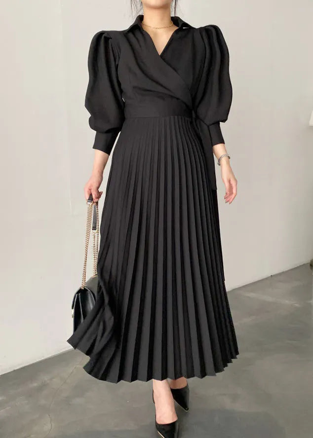 New Beige Puff Sleeve Peter Pan Collar Wrinkled Cotton Long Dress