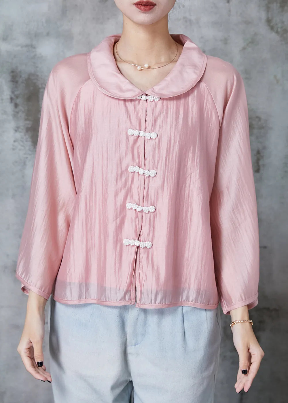 Pink Peter Pan Collar Chinese Button Silk Shirts Summer