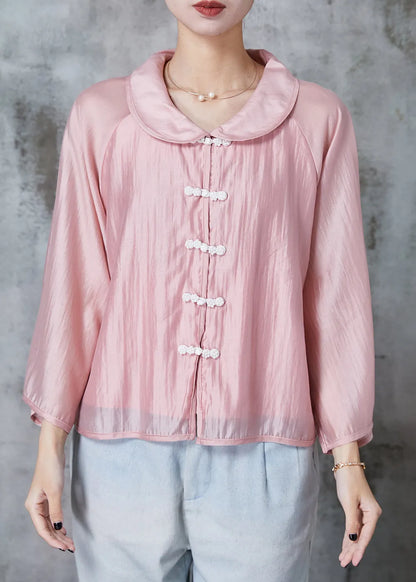 Pink Peter Pan Collar Chinese Button Silk Shirts Summer