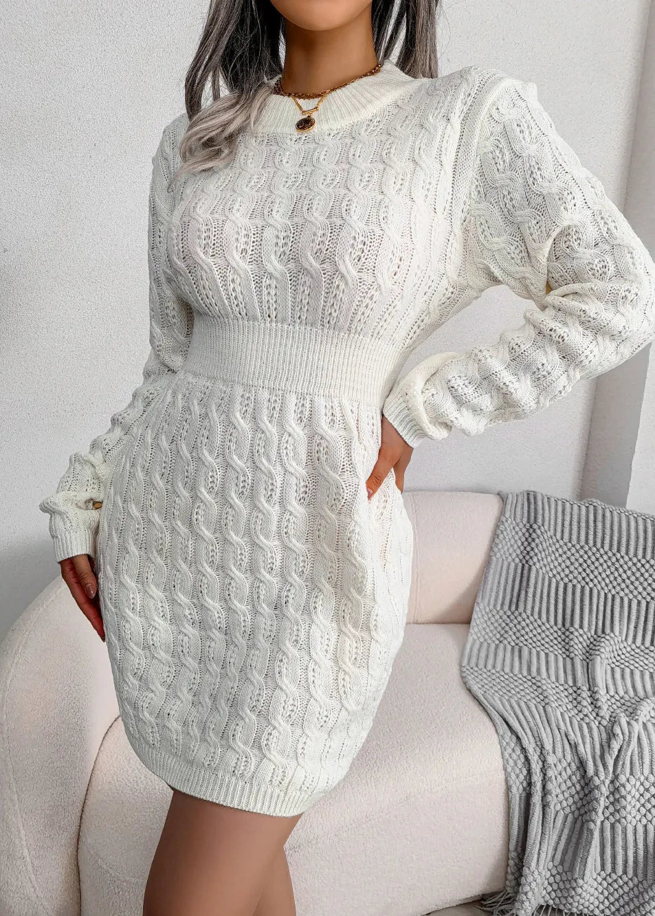 White O Neck Slim Fit Knit Sweater Dress Fall