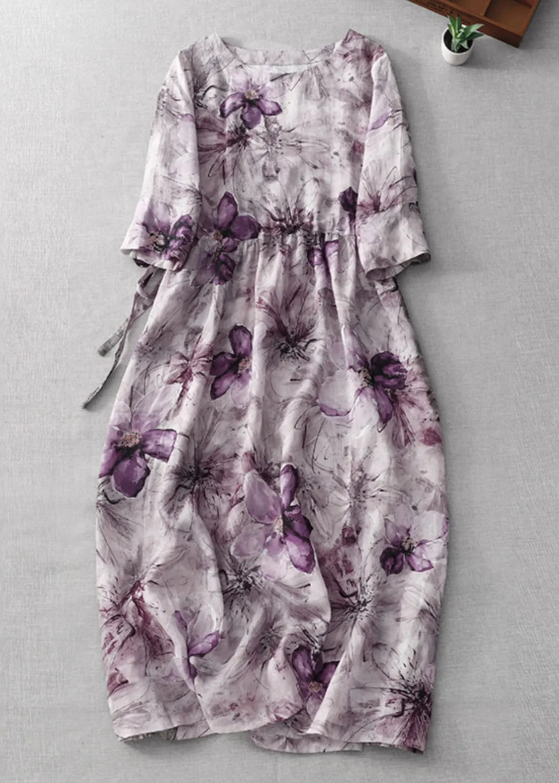 Purple O Neck Print Lace Up Cotton Dress Half Sleeve