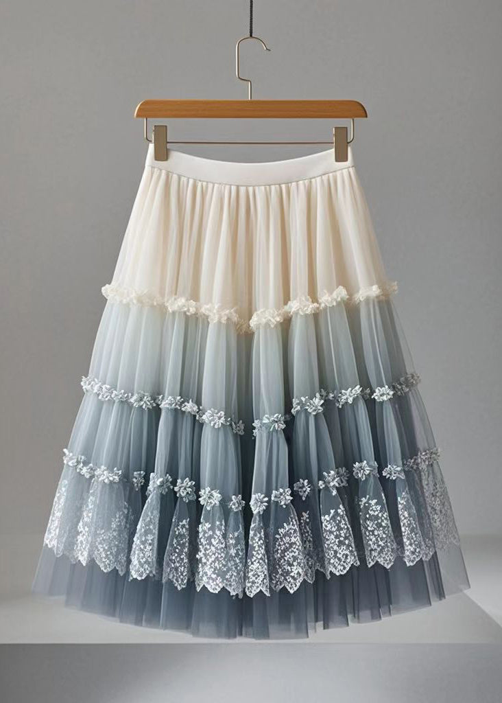 Gradient Color Ruffled Print Tulle Skirt Summer