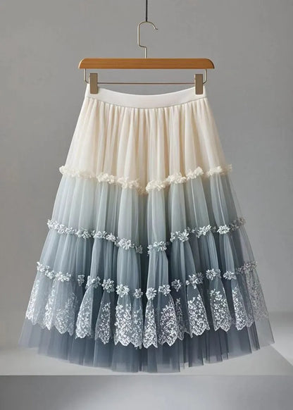 Gradient Color Ruffled Print Tulle Skirt Summer