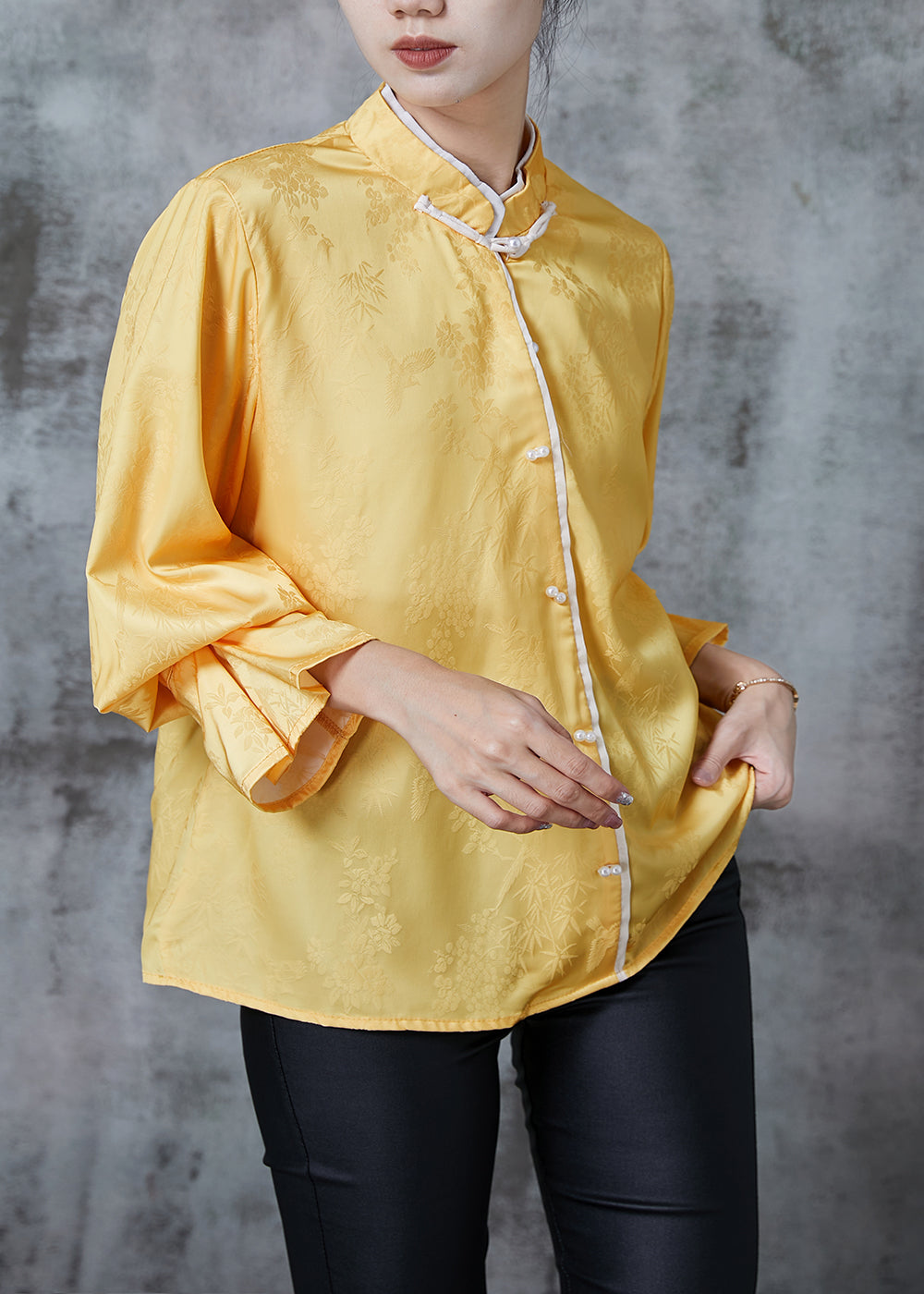 Yellow Mandarin Collar Jacquard Silk Shirt Tops Fall