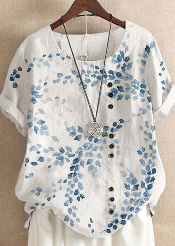 Yellow O-neck Embroidered Linen Tops Short Sleeve
