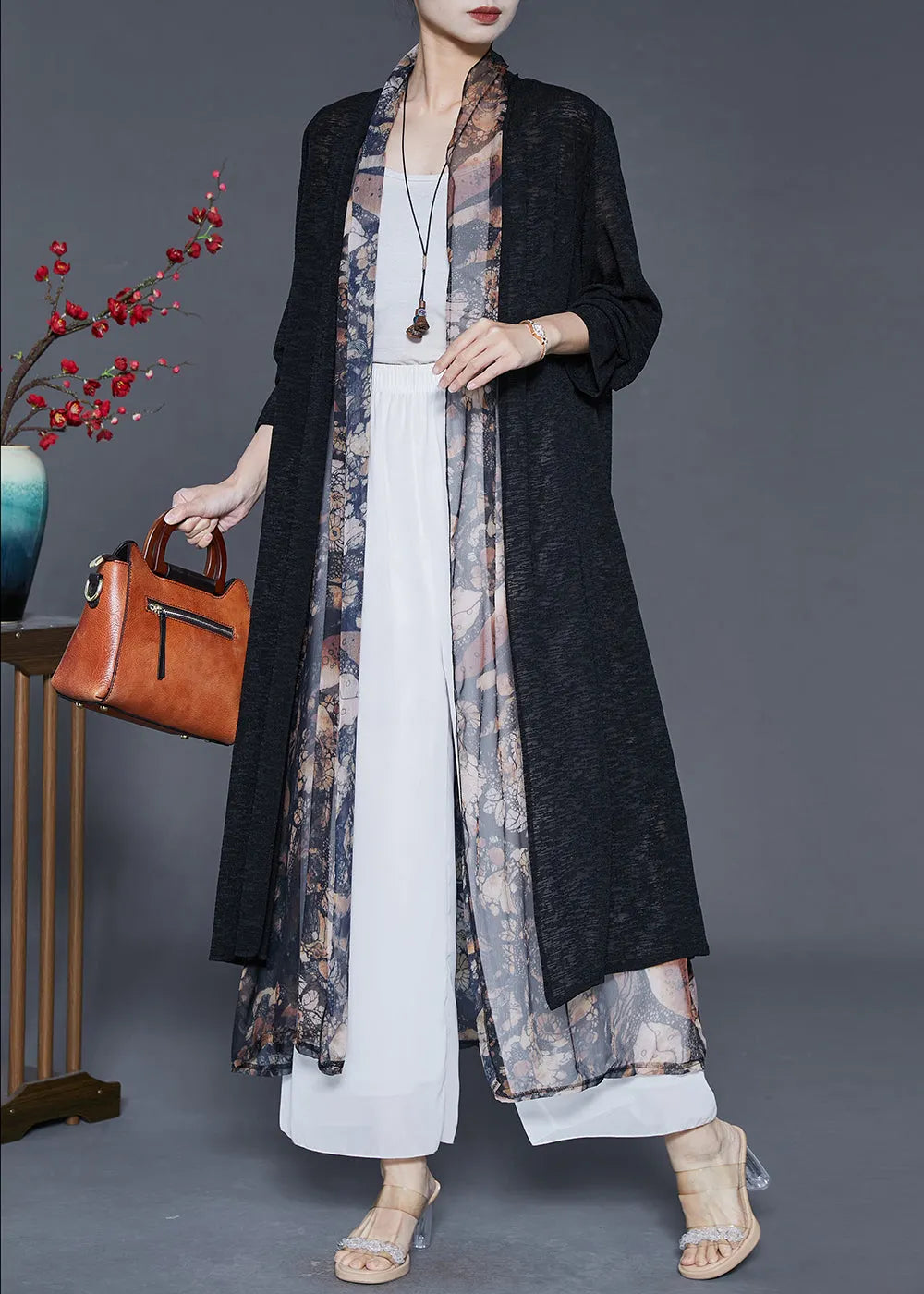 Black Oversized Patchwork Silk Long Cardigan Summer