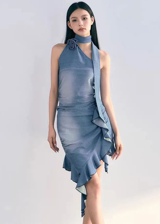 Novelty Denim Blue Asymmetrical Ruffled Patchwork Rose Top and Skirts Two Piece Set Summer