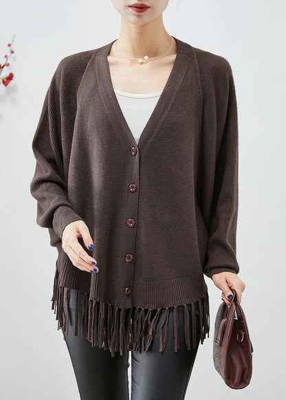 Chocolate Loose Knit Coats V Neck Tasseled Fall