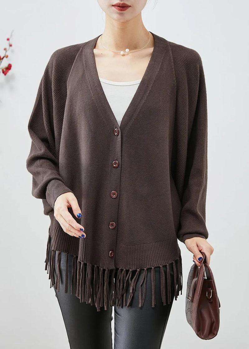 Chocolate Loose Knit Coats V Neck Tasseled Fall