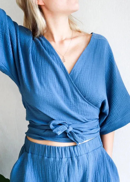 Style Blue V Neck Lace Up Cotton Shirt Top Summer
