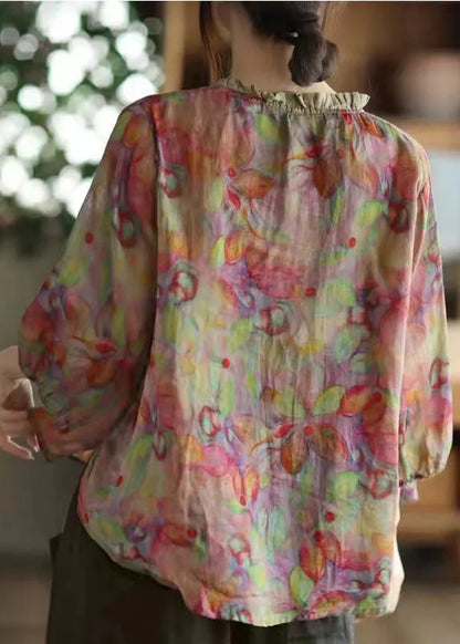 Pink-print5 V Neck Ruffled Print Linen Blouse Top Half Sleeve
