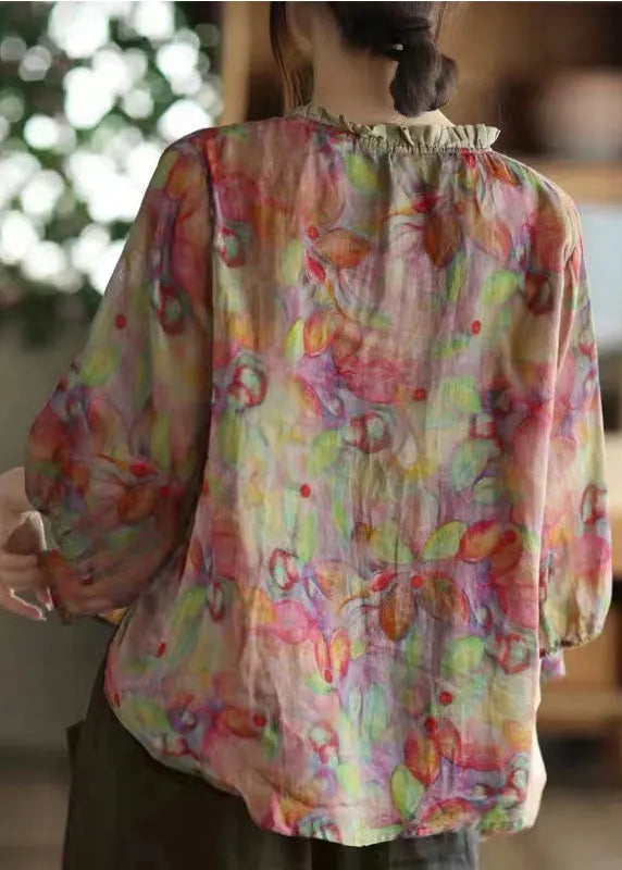 Pink-print3 V Neck Ruffled Print Linen Blouse Top Half Sleeve