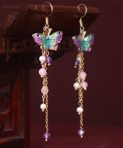 Pink Sterling Silver Pearl Chalcedony Butterfly Tassel Drop Earrings