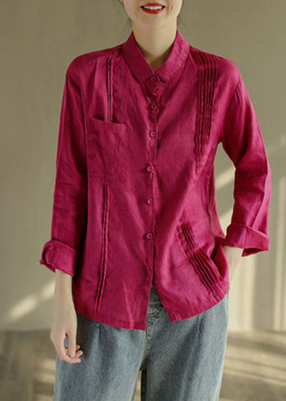 Green Linen Blouse Tops Button Asymmetrical Design Long Sleeve