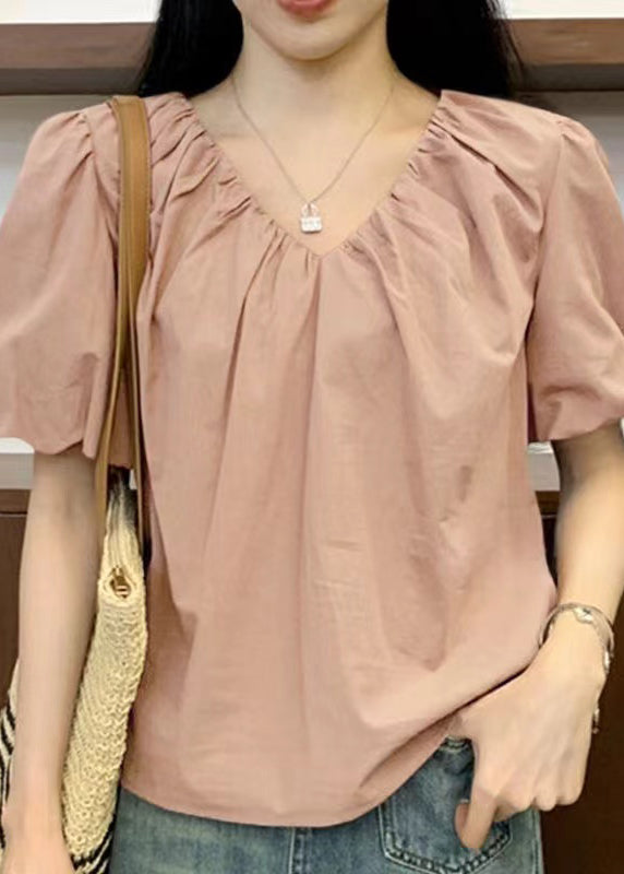New Pink V Neck Cotton Shirts Short Sleeve